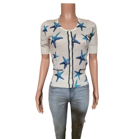 crew neck short sleeve start fish  button-down top S - Picture 1 of 5